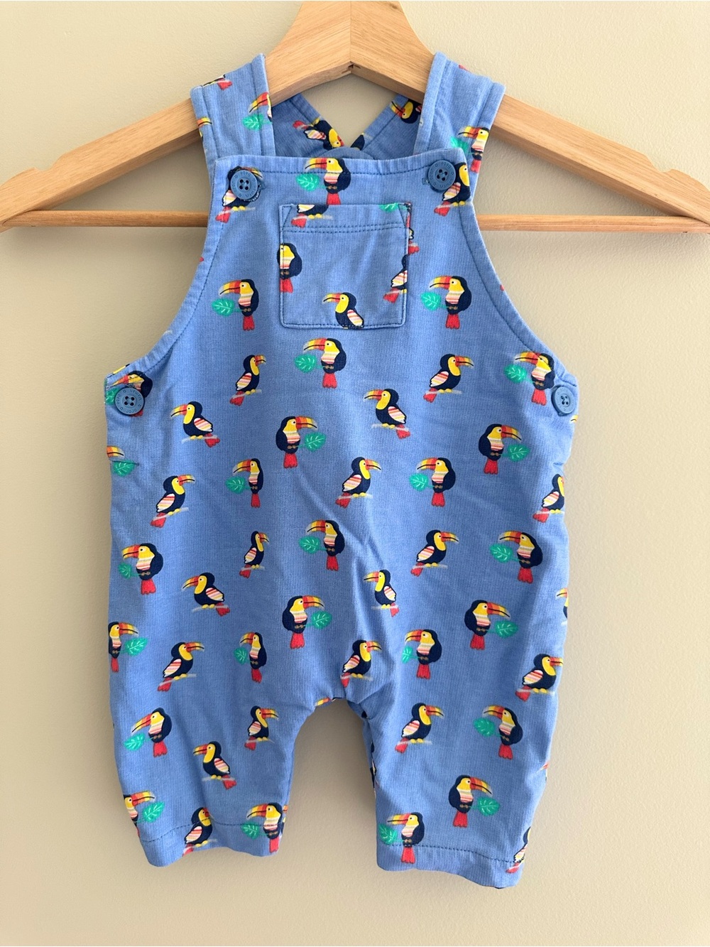 JoJo Maman Bébé Toucan Print Short Overalls, 6–12M, Blue